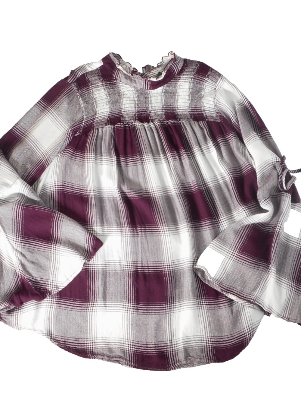 Lane Bryant Burgundy Sz 24 3X Smocked Plaid Blouse Top Cottagecore Bell Sleeve